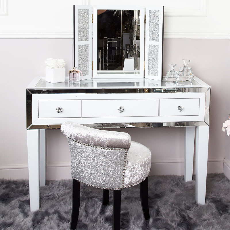 Madison White Glass & Mirrored Trim Clear Top 3 Drawer Dressing Table ...
