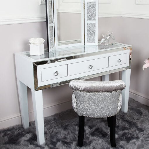 Madison White Glass & Mirrored Trim Clear Top 3 Drawer Dressing Table