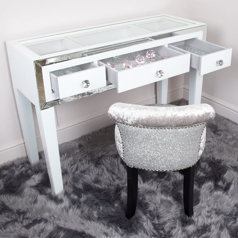 Madison White Glass & Mirrored Trim Clear Top 3 Drawer Dressing Table ...
