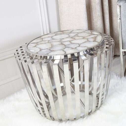 Paragon White Stainless Steel Drum Shape End Table With Agate Top