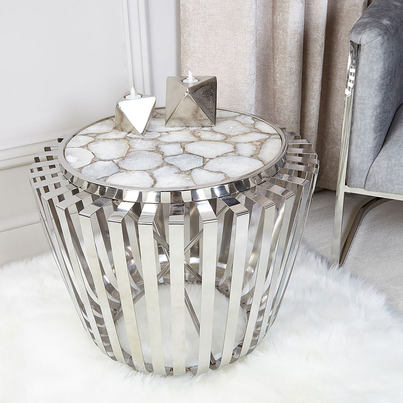 Paragon White Stainless Steel Drum Shape End Table With Agate Top