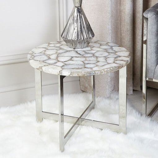 Paragon White Stainless Steel End Side Table With Agate Top
