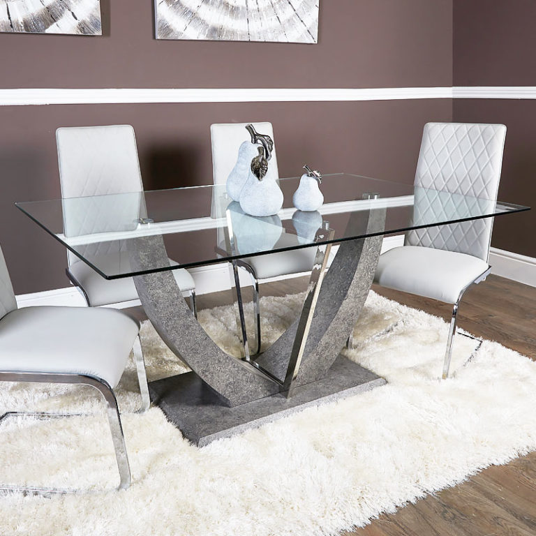 SET Caspian Toughened Glass Chrome Dining Room Table and 6 Light Grey Chairs Picture Perfect Home