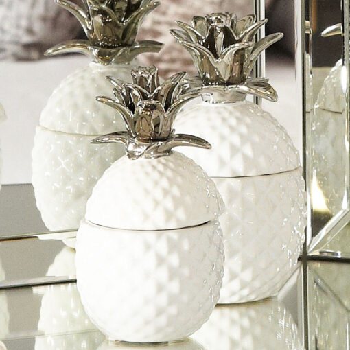 White And Silver Art Deco Pineapple Jewellery Box Storage Jar