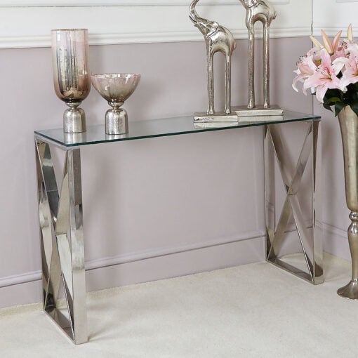 Zenn Contemporary Stainless Steel Clear Glass Console Hall Table