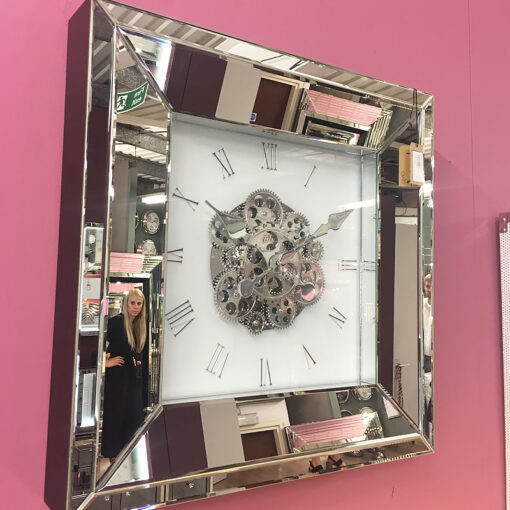 60cm Mirrored White And Clear Wall Clock With Moving Gears