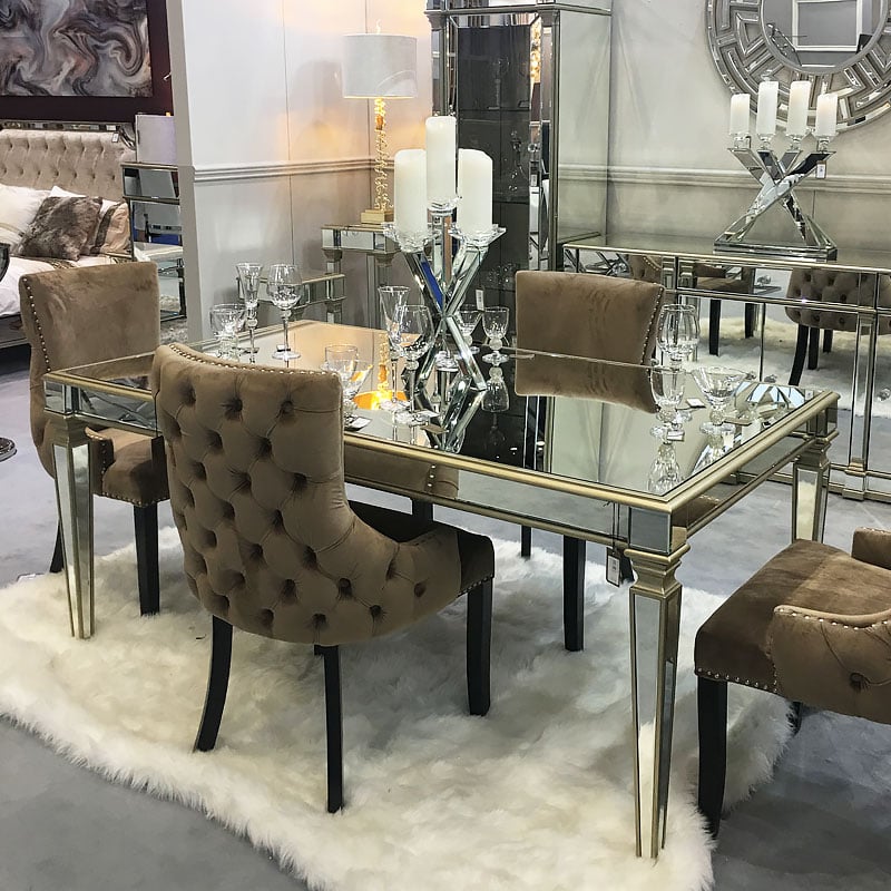 Athens Gold Mirrored Dining Table, Gold Mirrored Dining Table Set