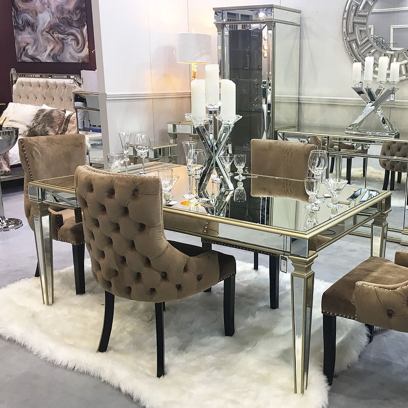 Athens Gold Mirrored Dining Table, Mirrored Dining Room Chairs