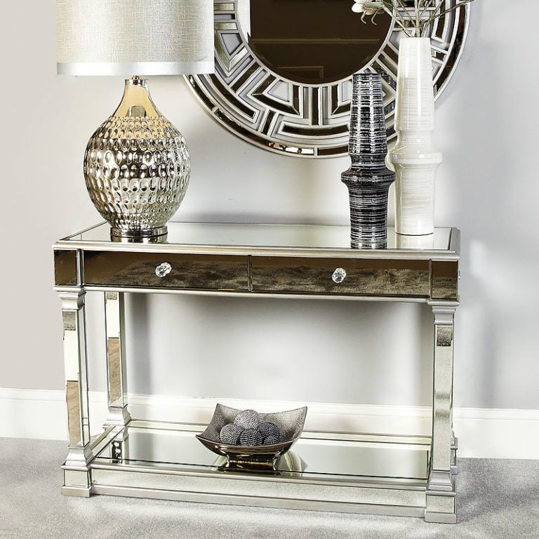 Athens Antique Silver Mirrored 2 Drawer Console Table Dressing Table Picture Perfect Home