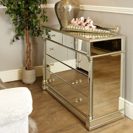 Athens Antique Silver Mirrored 5 Drawer Chest Of Drawers Cabinet