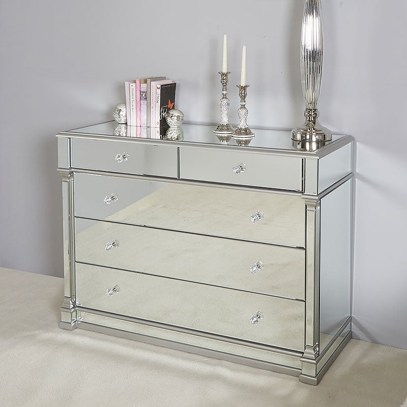 Athens Antique Silver Mirrored 5 Drawer Chest Of Drawers