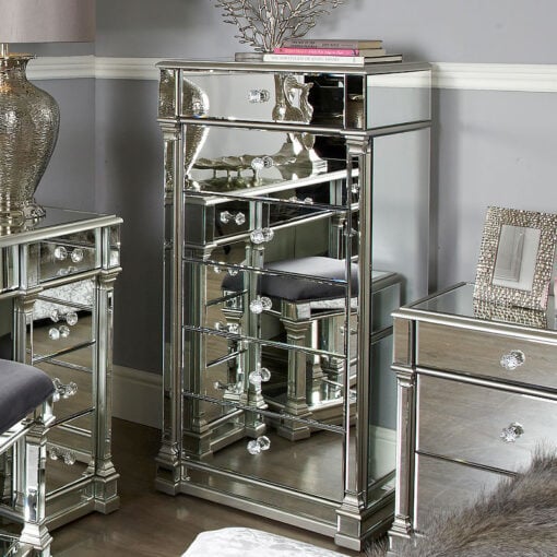 Athens Antique Silver Mirrored 6 Drawer Tallboy Chest Of Drawers