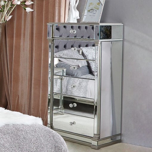 Athens Antique Silver Mirrored 6 Drawer Tallboy Chest Of Drawers