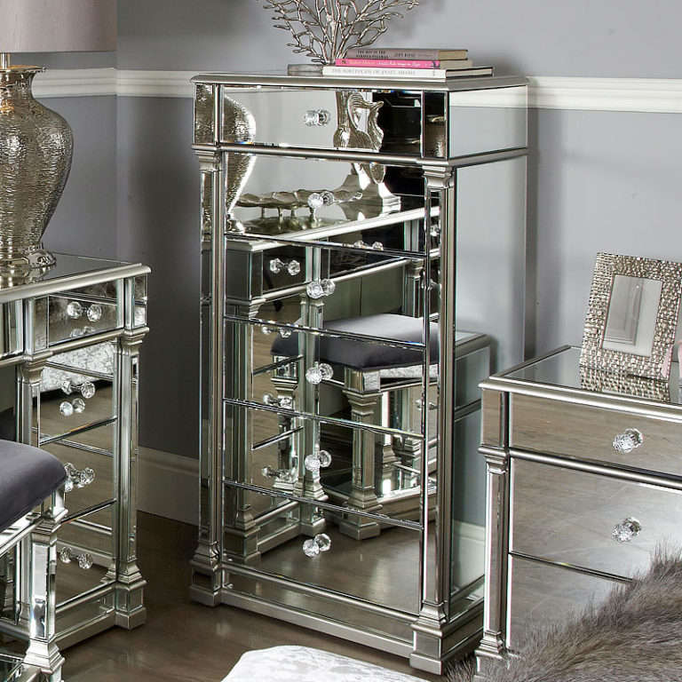 Athens Antique Silver Mirrored 6 Drawer Tallboy Chest Of Drawers