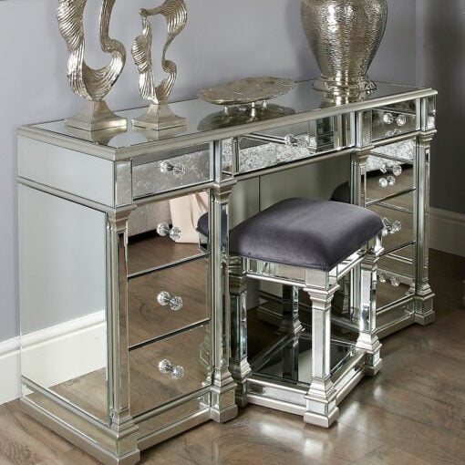 Athens Antique Silver Mirrored 9 Drawer Dressing Table