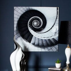 Black & White 80cm Square Spiral Staircase Tempered Glass Art Print