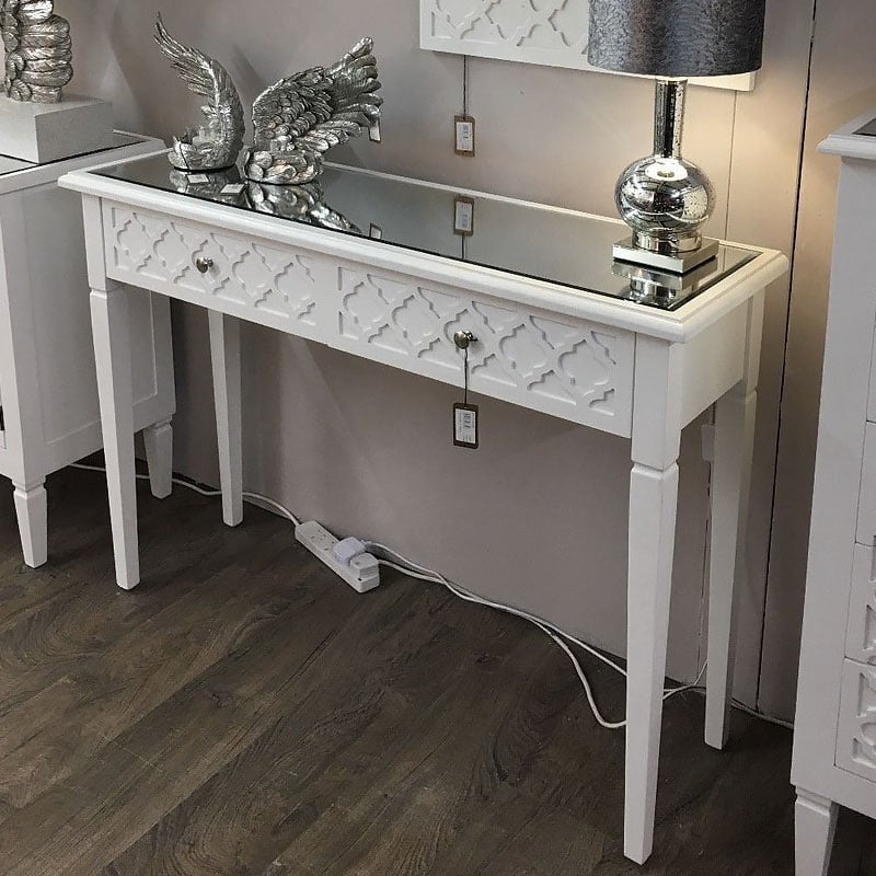 Blanca White Wooden Mirror Top 2 Drawer, Wood Mirrored Console Table