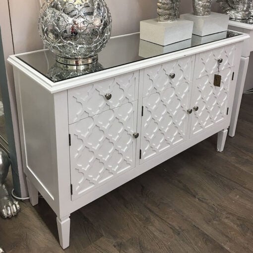 Blanca White Wooden Mirror Top 3 Door 3 Drawer Chest Cabinet Sideboard