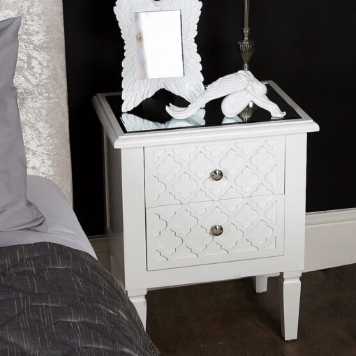 Blanca White Wooden Mirrored Top Chest 2 Drawer Bedside Table Cabinet