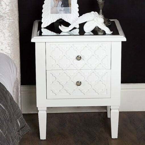 Blanca White Wooden Mirrored Top Chest 2 Drawer Bedside Table Cabinet