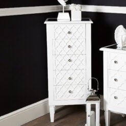 Blanca White Wooden Mirrored Top Tallboy 5 Drawer Chest Of Drawers