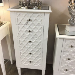 Blanca White Wooden Mirrored Top Tallboy 5 Drawer Chest Of Drawers