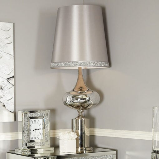 Chrome And Glass Podium Statement Table Lamp With Silver Sparkly Shade