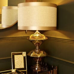Gold Two Diamond Table Lamp With Gold Linen Striped Shade