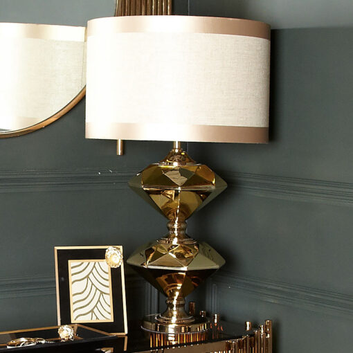 Gold Two Diamond Table Lamp With Gold Linen Striped Shade