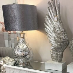 Silver Mercury Patterned Round Lamp With Grey Velvet Shade