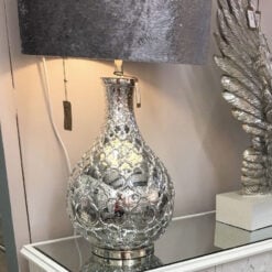 Silver Mercury Patterned Round Lamp With Grey Velvet Shade