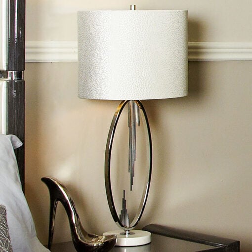 Silver Oval Abstract Table Lamp With 14" White Crocodile Velvet Shade