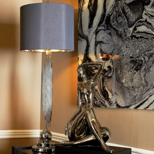 Silver Sculptured Abstract Table Lamp With 14" Grey Faux Silk Shade