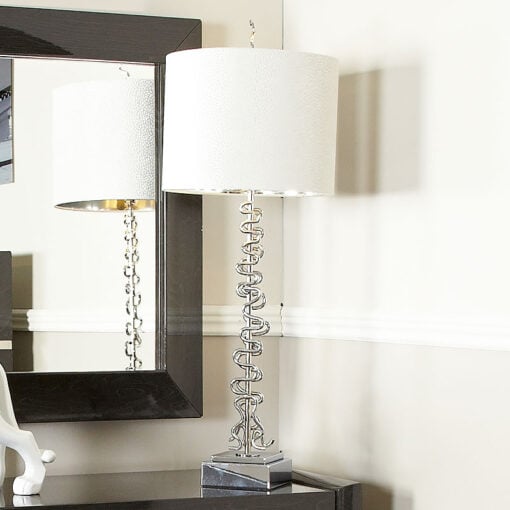 Silver Squiggle Table Lamp With 14 Inch White Crocodile Velvet Shade