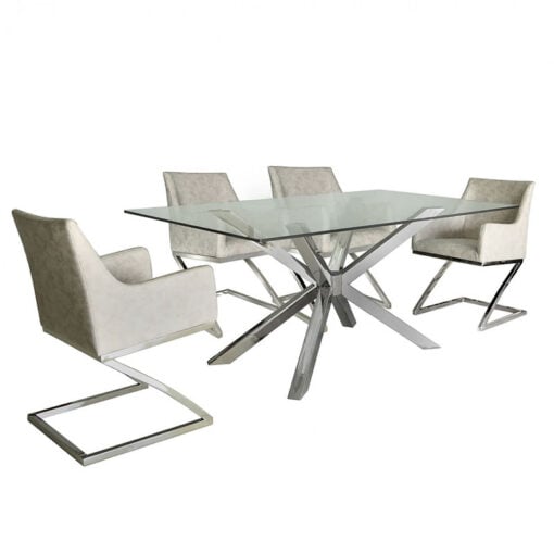 Debonaire Glass And Chrome Dining Table And 4 Grey Dining Chairs Set