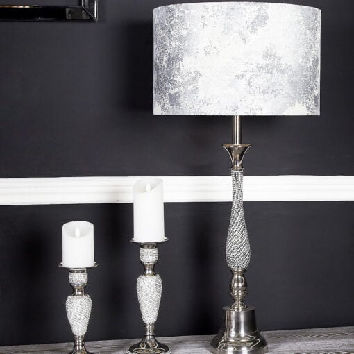 Nickel Diamante Candlestick Table Lamp With Marble Grey Shade