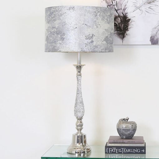 Nickel Diamante Candlestick Table Lamp With Marble Grey Shade