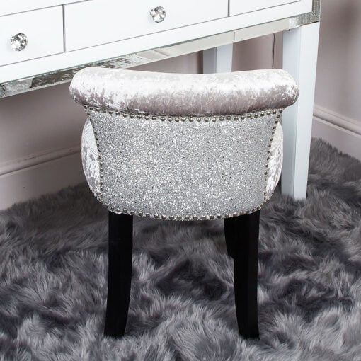 Sparkly Glitter Silver Crushed Velvet Roll Back Dressing Chair Stool