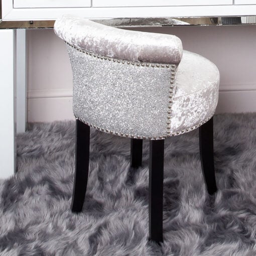 Sparkly Glitter Silver Crushed Velvet Roll Back Dressing Chair Stool
