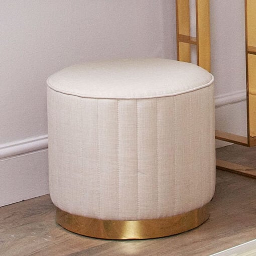 Beige Round Stool With Ribbed Sides And Gold Metal Base