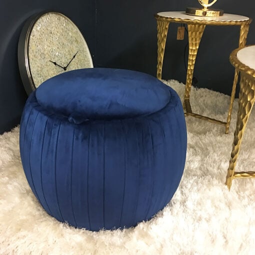 Blue Round Velvet Storage Stool In Plush Fabric
