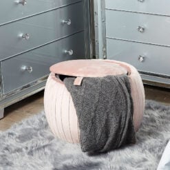 Blush Pink Round Velvet Storage Stool In Plush Fabric