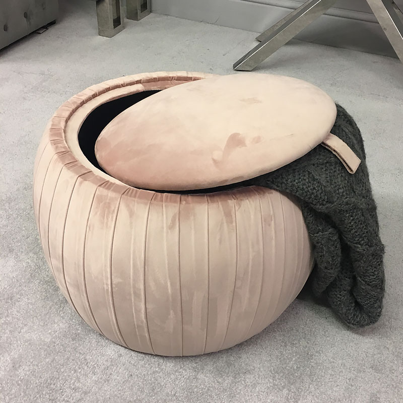 Large Blush Pink Round Velvet Storage Stool In Plush Fabric