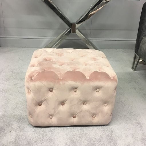 Blush Pink Velvet Square Stool With Tufted Buttons