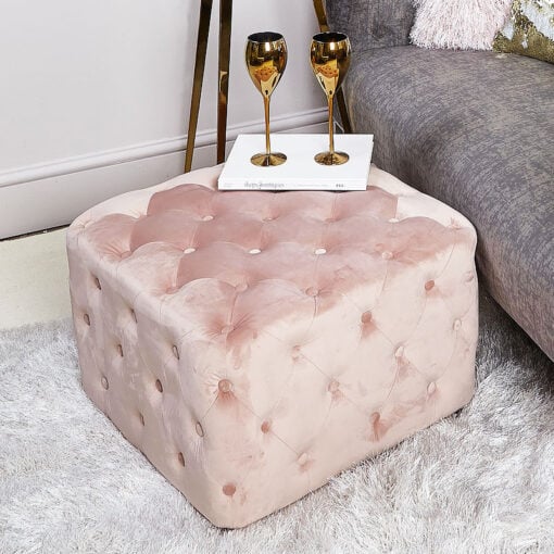 Blush Pink Velvet Square Stool With Tufted Buttons