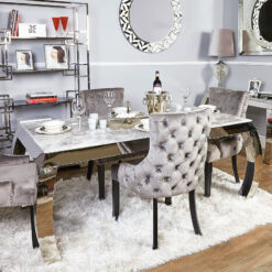 Cassandra Grey Marble And Chrome Dining Table With A Curved Leg Base