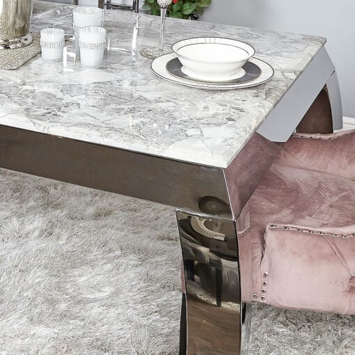 Cassandra Grey Marble And Chrome Dining Table With A Curved Leg Base