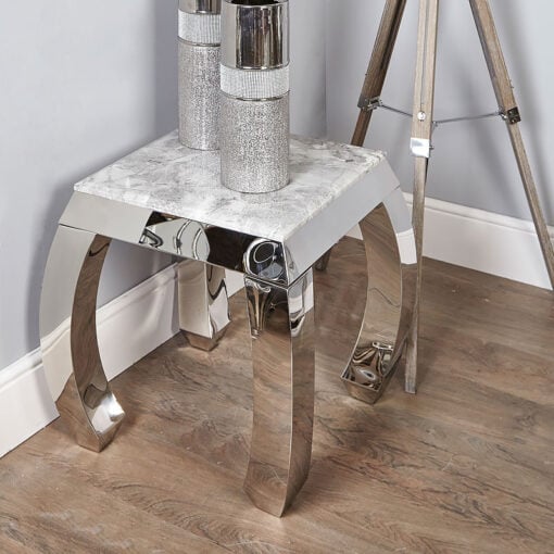 Cassandra Grey Marble And Chrome Side End Table With A Curved Leg Base