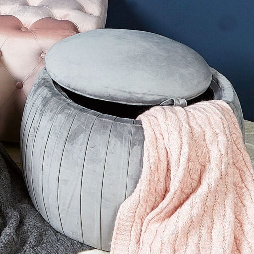 Grey Round Velvet Storage Stool In Plush Fabric