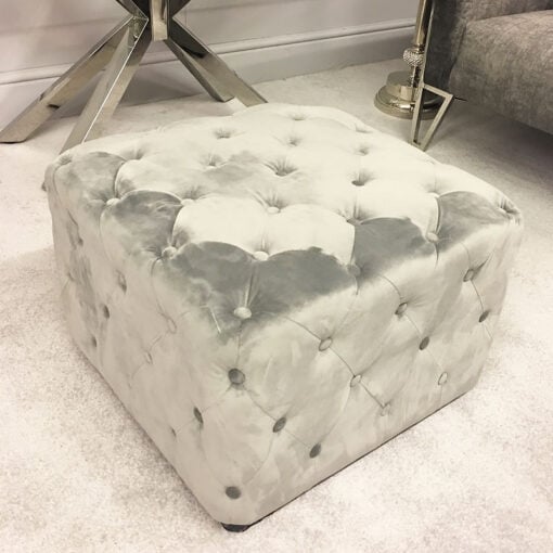 Soft Grey Velvet Square Stool With Tufted Buttons